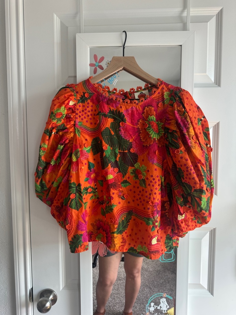 Farm Rio Blooming Garden Puff-Sleeve Top in Orange M - Picture 2 of 11